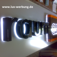individuele leuchtbuchstaben RAUM ART front und rückleuchtet lichtreklame abstandhalter metallhaube pulverbeschichtet außenwerbung mit led smd dioden